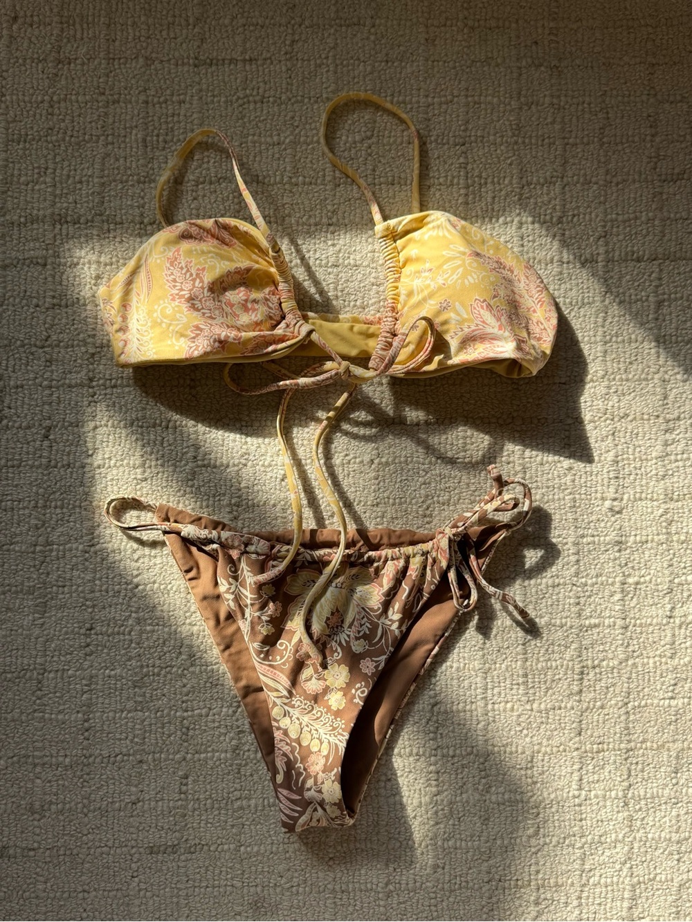 Yellow & Brown Paisley Tie-String Bikini - Women Swim